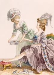 Elegant dam som får sina fötter tvättade av sin hembiträde, graverad av Dupin, tallrik från 